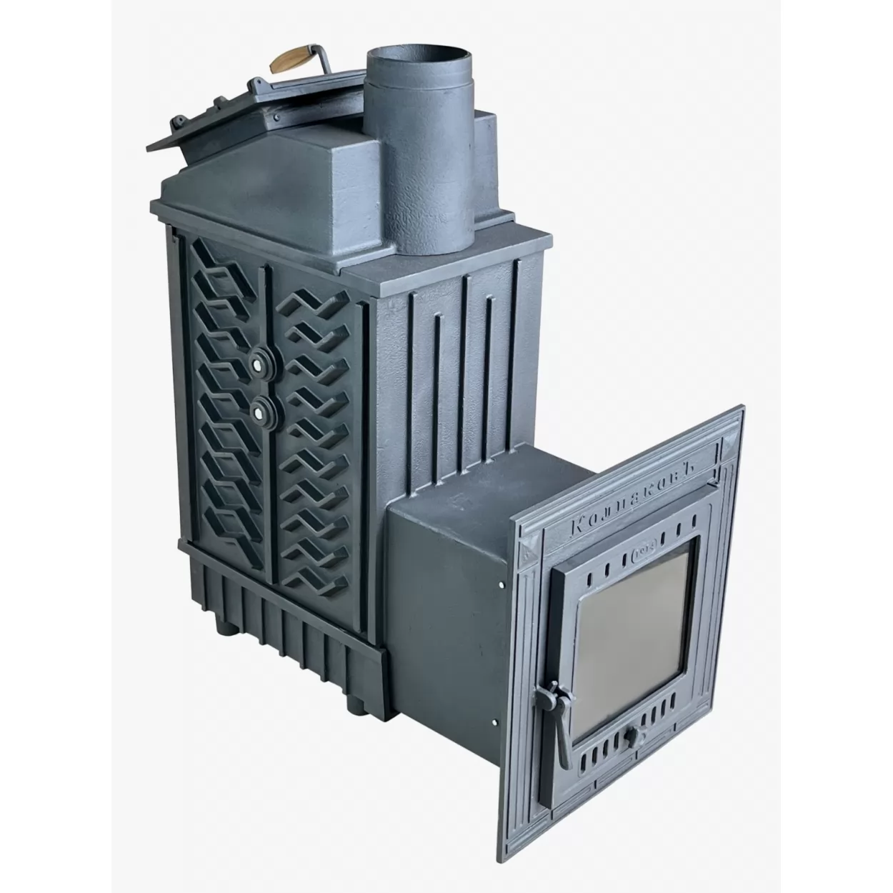 чугунная печь для бани колпаковъ под обкладку, с закрытой каменкой, со стеклом (колпаковъ) до 30 м3